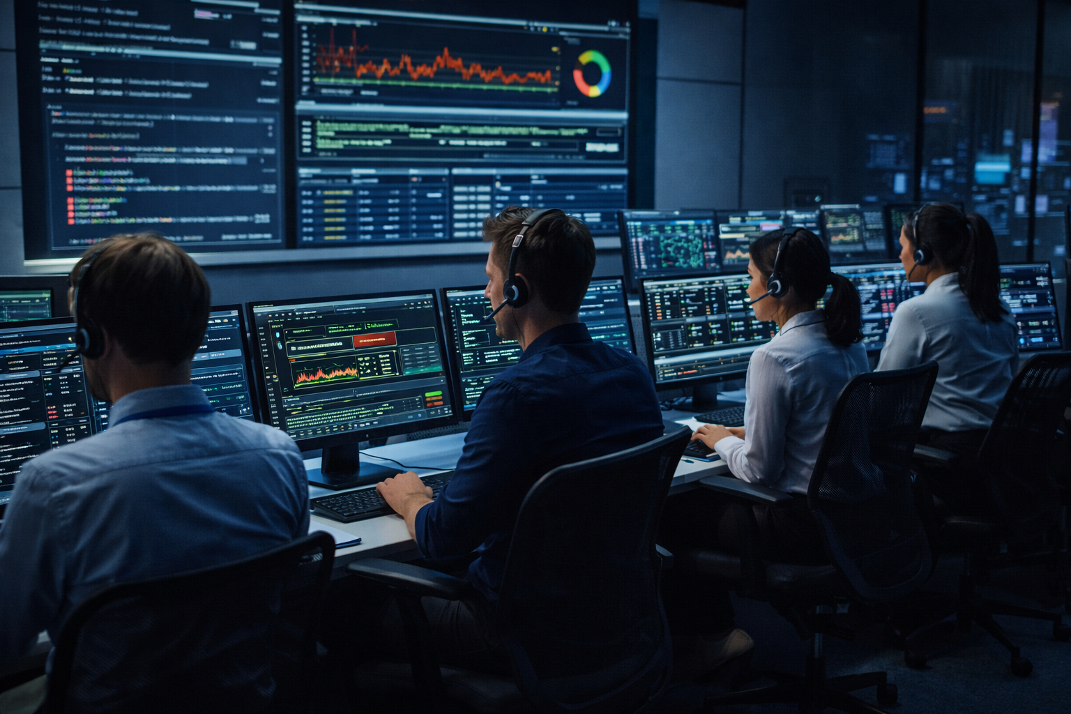 運用監視センターの現場（複数モニターでアラートとダッシュボードを監視する様子）