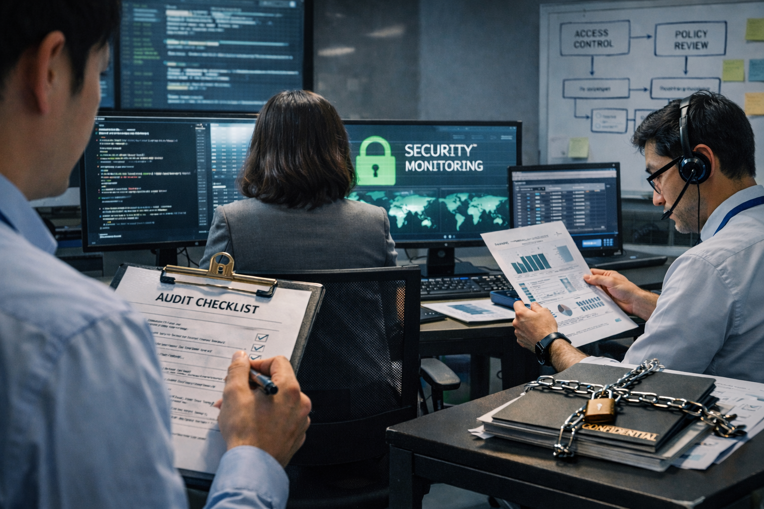 情報セキュリティ体制整備の現場（日本人社員が監査チェックリストや運用資料を確認し、監視画面と手順を照合している様子）
